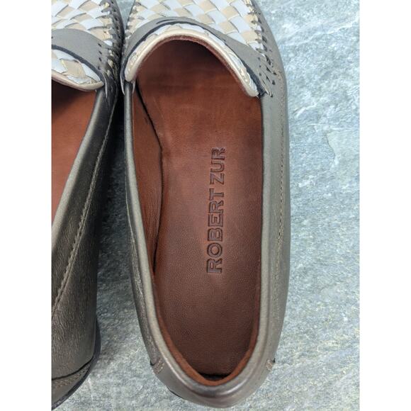 Robert Zur Womens Penny Loafers 6 Shoes Driving Woven Leather Bronze Gold White - Picture 6 of 13